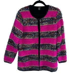 Pink Striped Fleece Lining Vintage Knit Sweater Cardigan L